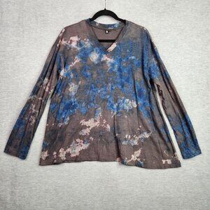 JARBO Women's Abstract Tie-dye V Neck Long Sleeve Top Blue Gray Size S
